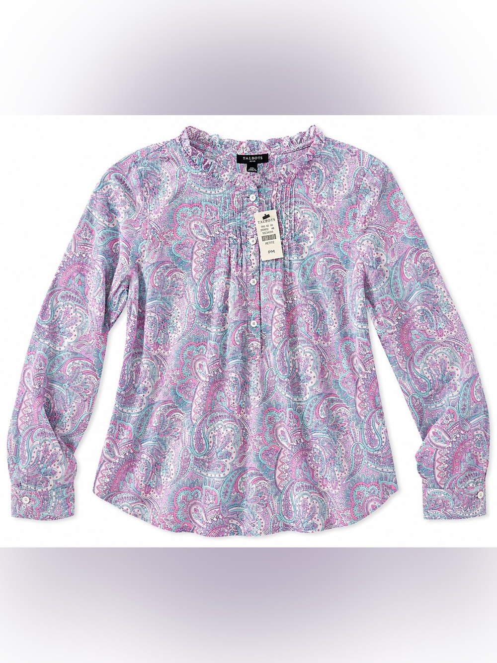 Talbots Petite Paisley Pintuck Blouse PM 100% Cotton NWT
